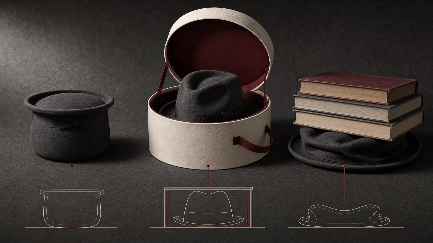 Three felt hats showing storage outcomes: resting on the crown, inside an open rigid box, and crushed flat under a stack of books