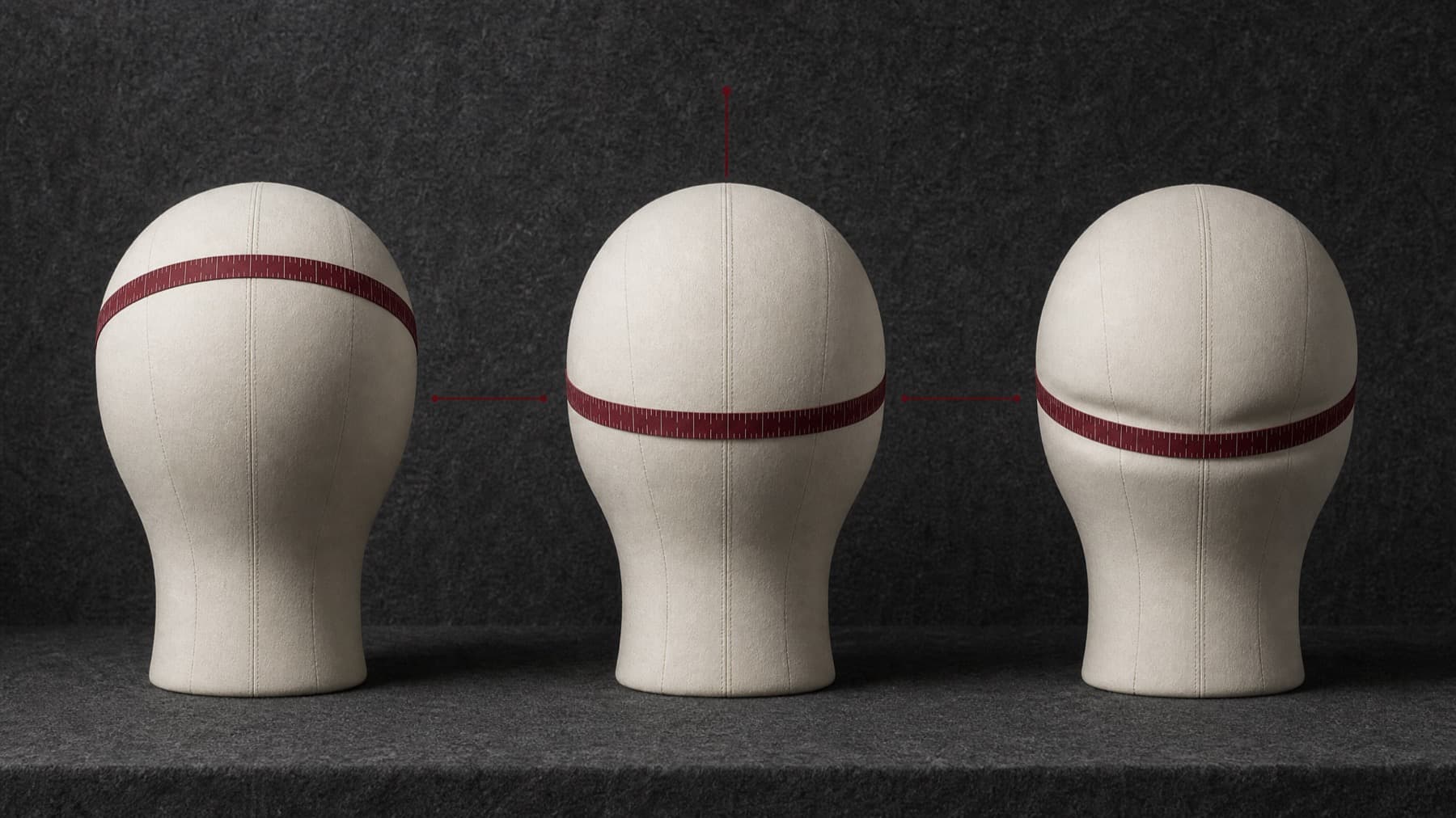Three hat blocks with measuring tape: one too high on the dome, one correctly level above the brow and across the widest point at the back, one pulled too tight