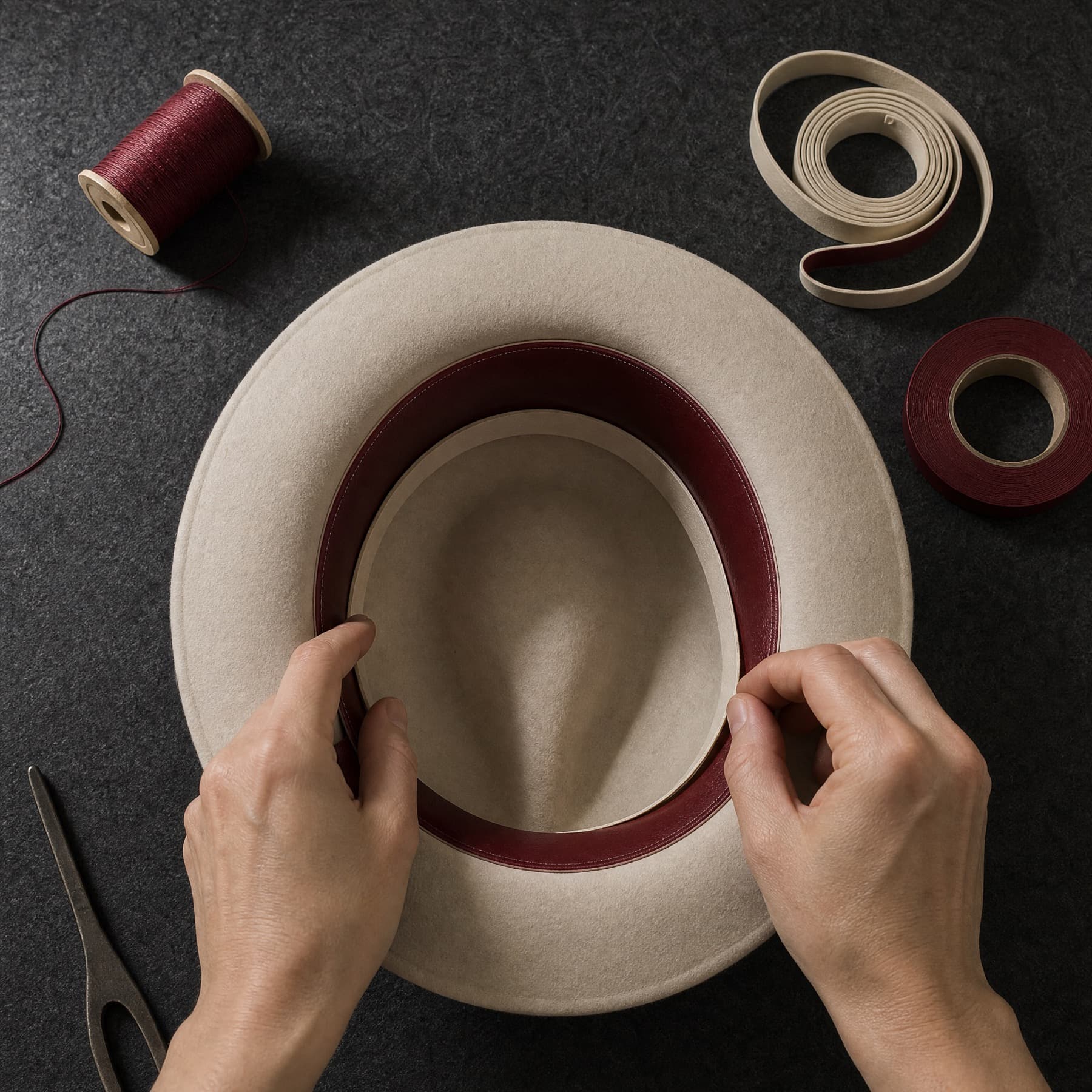 Hands fitting a bone felt sizing strip behind the wine leather sweatband inside a hat