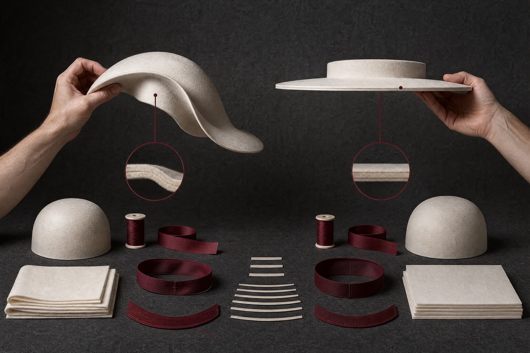 Two felt brims held at the same angle, one unstiffened and drooping, one stiffened and rigid