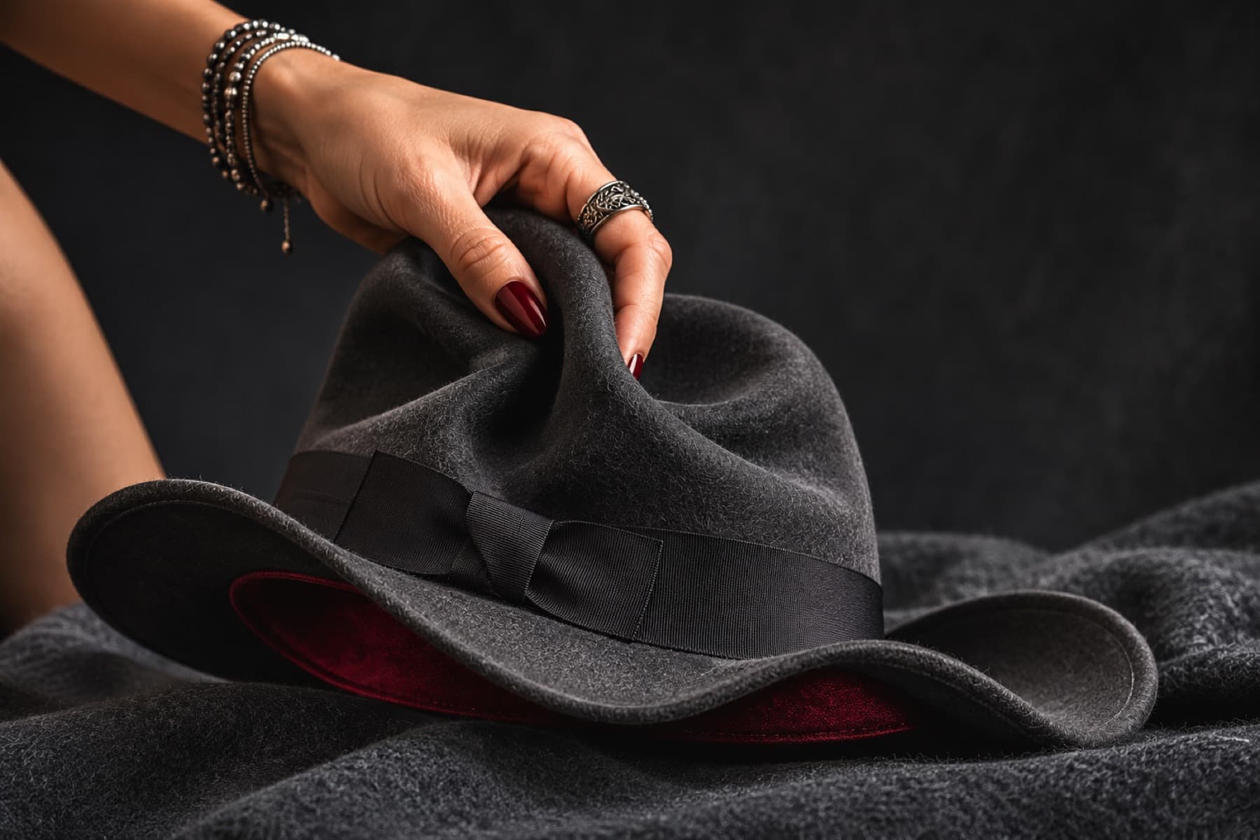 Fedora Rabbit Soft: charcoal felt hat photographed whole under a single hard side light
