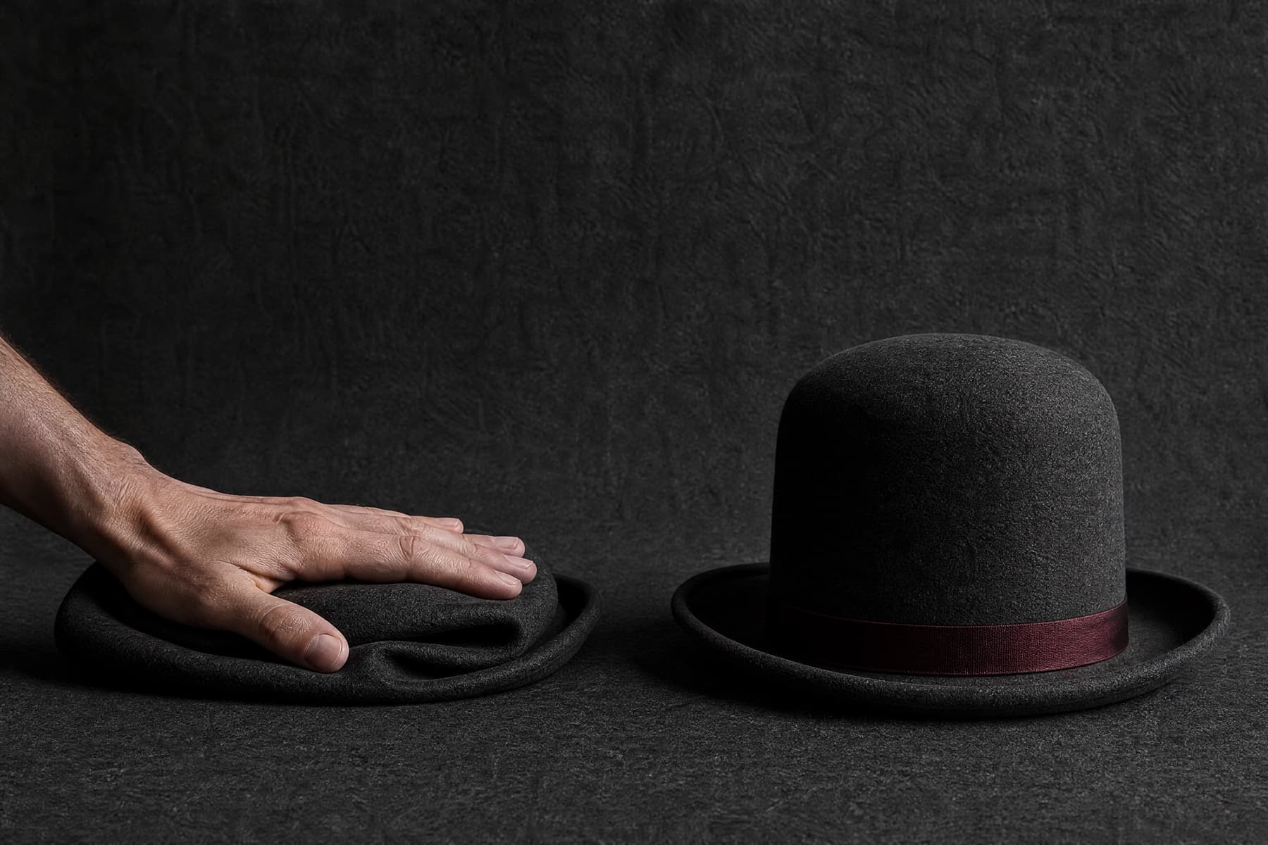 Packable Crushable: charcoal felt hat photographed whole under a single hard side light